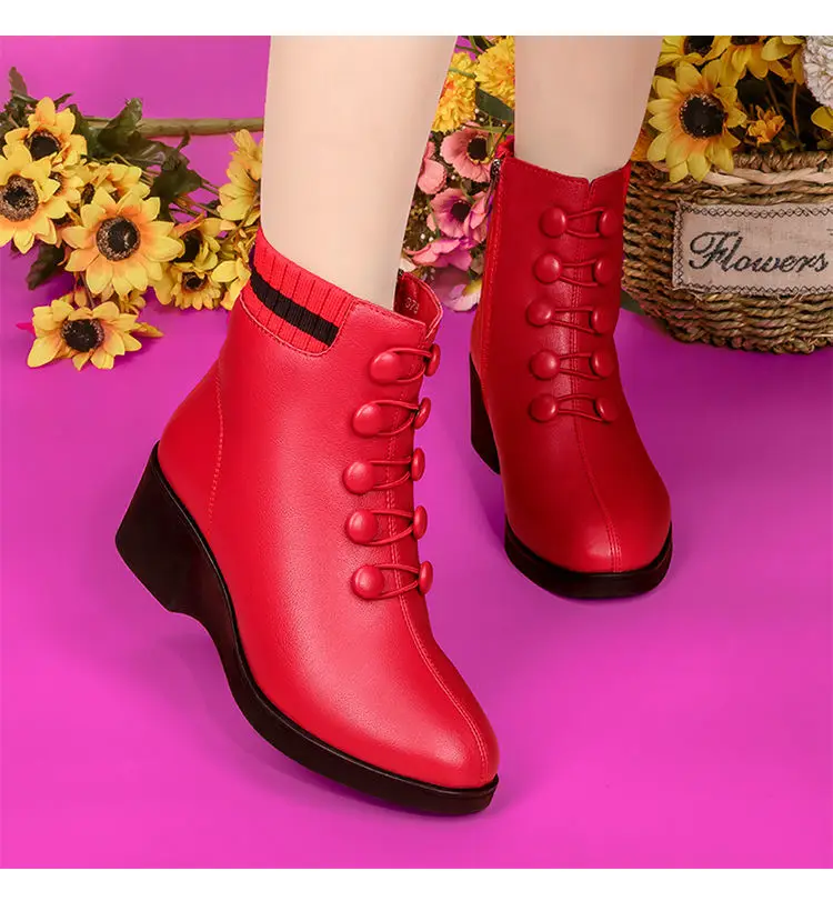 Knöpfe rote Keil Socken Stiefel für Frauen Winter Fell gefüttert Kunstleder Schuhe weibliche Stiefeletten Damen Stiefeletten Frau Plattform Stiefel – Detail 12