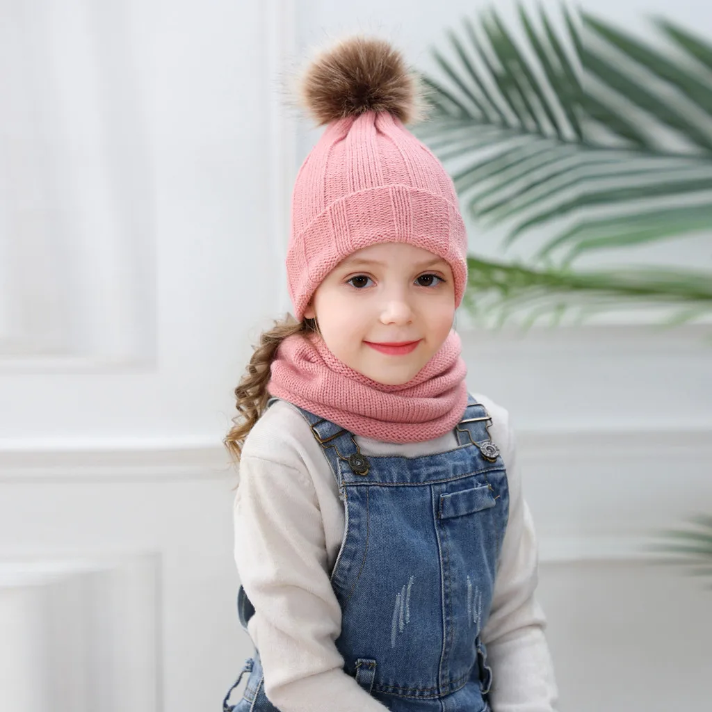2PCs Children Cap Scarf Set Winter Solid Twist Knit Hairball Cute Warm Hat czapka i komin tricotin снуд девочка #H | Аксессуары