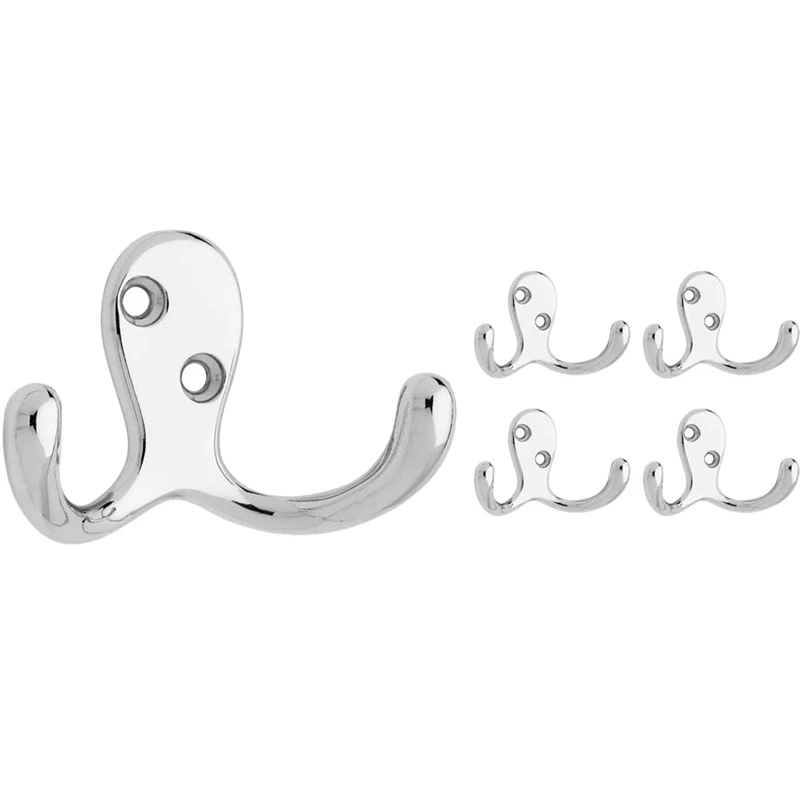 5-Pack двойной зубец крючок для халата, 5-Pack, полированный хром, используется для шляп, сумок, халатов и полотенец, настенные крючки идеально подходят для дома, комплект