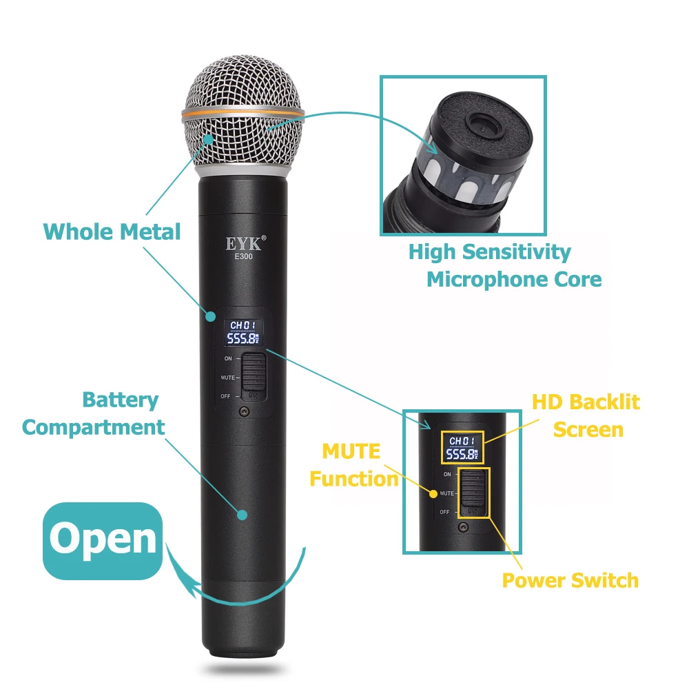 EYK E300 UHF Dual Channel 2 Metal Handheld Mic