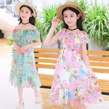 

2020 Summer Floral maxi dress for girls vestido chiffon beach dresses Elegant off shoulder boho dress holiday children clothing