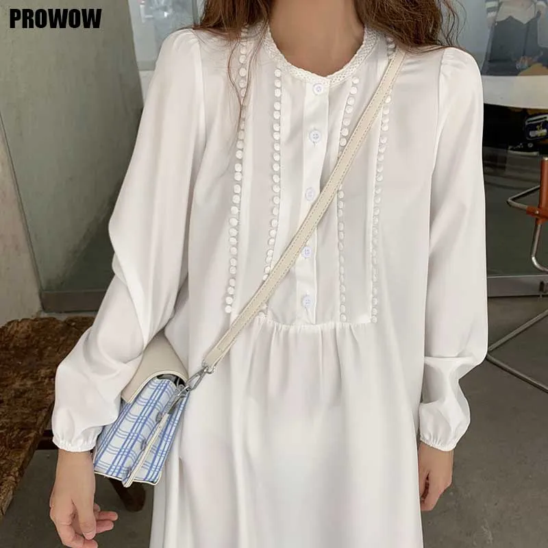 Korean One-Piece White Dress Women 2020 Spring New French Vintage Loose Single-Breasted Long Sleeve Dress Ladies Elegant Dresses