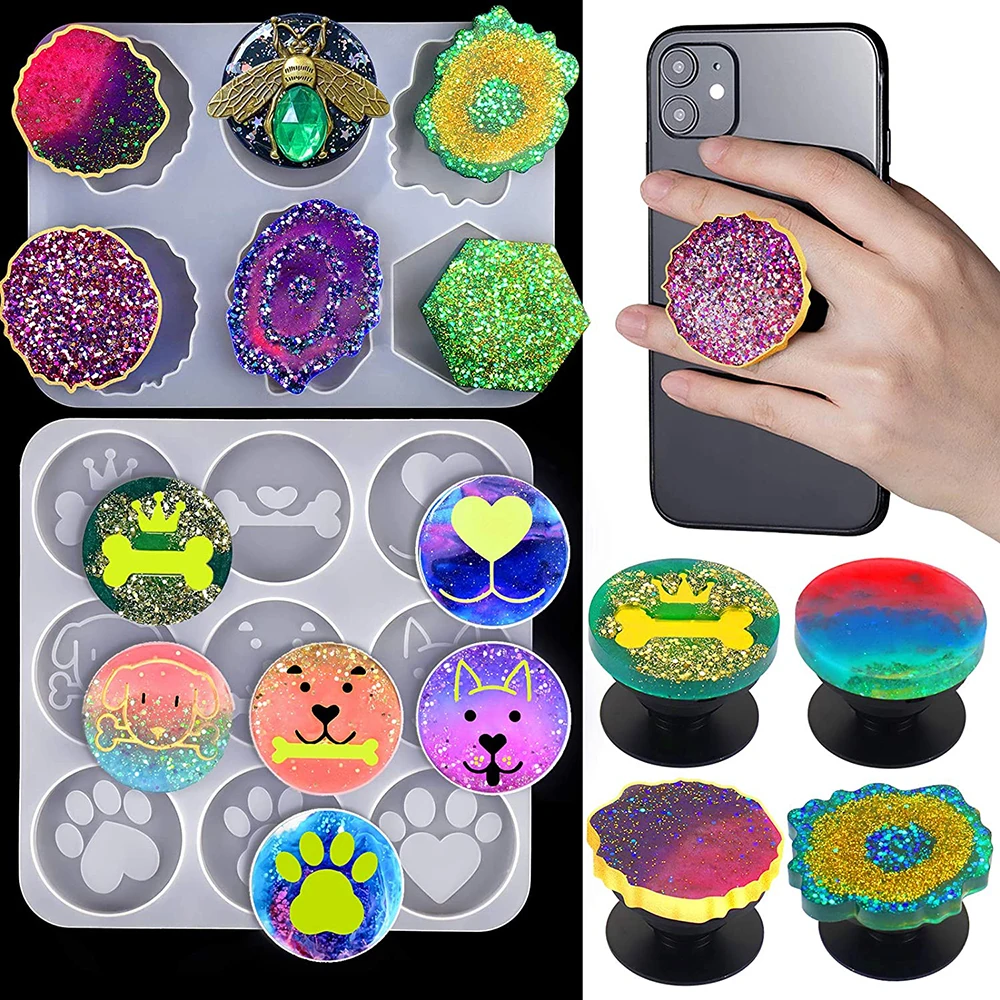 Silicone Irregular Round Mount Holder Stand Molds with Phone Grip Mold Epoxy Resin on Top Kits DIY Jewelry Making Supplies 1 pcs 3d umbrella epoxy resin molds bumbershoot silicone mold for diy earring jewelry making dried flower decor crafts supplies