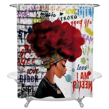 

African Woman Female Graffiti Wall Red Hair Print Shower Curtain Waterproof Fabric Shower Curtains Large for Bathroom Curtains