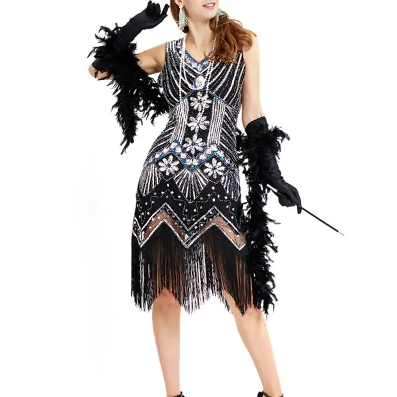 1920s Charleston Flapper, костюм для девочек, нарядное платье, имитация жемчуга, ожерелье из бисера, длинные черные перчатки, держатель для сигарет для женщин