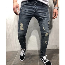 Мужские рваные джинсы для мальчиков, Стрейчевые обтягивающие джинсовые штаны, потертые брюки с эффектом усов, модная уличная одежда
