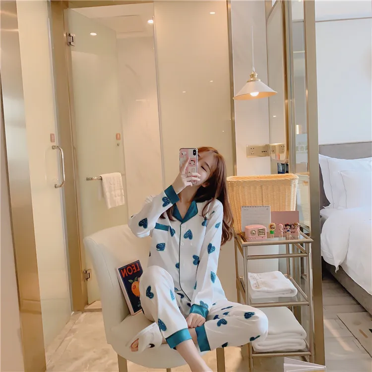 

Spring, Autumn New Style Printed Imitated Silk Pajamas Women's Plus-sized Set Sweet Cardigan Tracksuit-Outer Wear