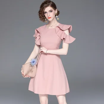 

NAQIT 2020 New Dress Fashion Temperament Lotus Leaf Sleeve Solid Color Age Reduction Powder A Word Dresses for Women Party