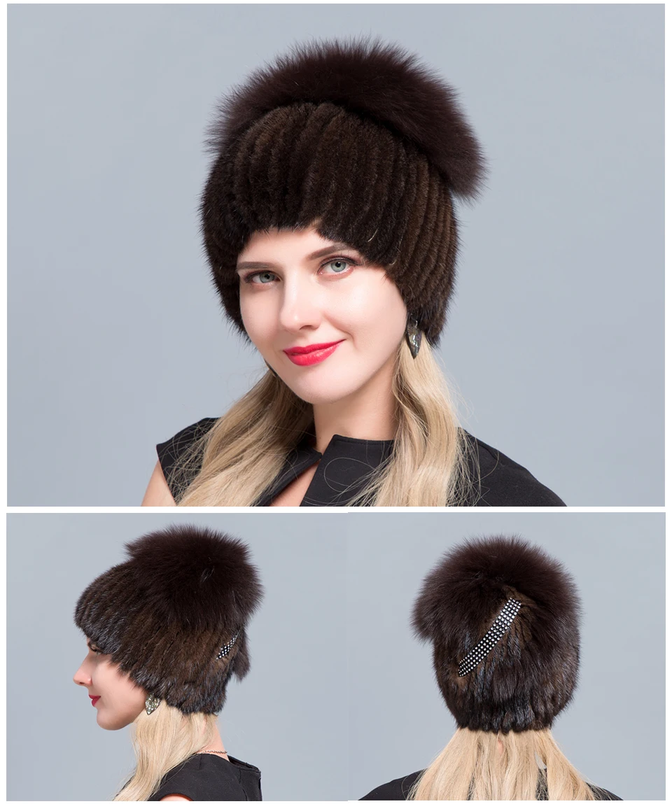 JINBAOSEN neue heiser verkauf эластичные pelz kappe Frauen pelzmutze für зимние echtem nerz skullies mit silber fuchs pelz pom poms