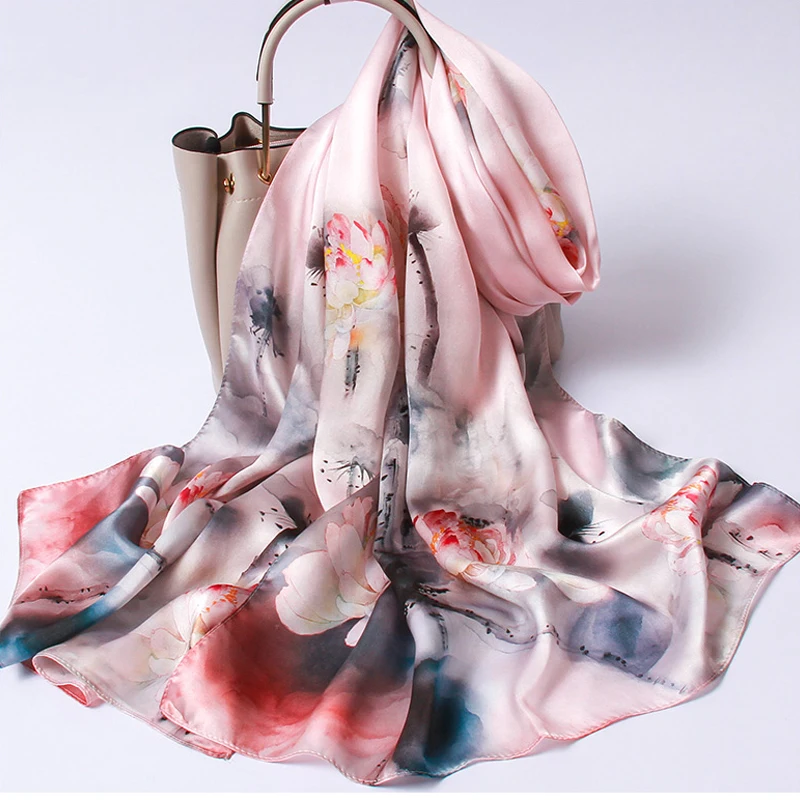 Женский шарф из 100% чистого шелка длинный натурального с роскошным принтом 2021|silk