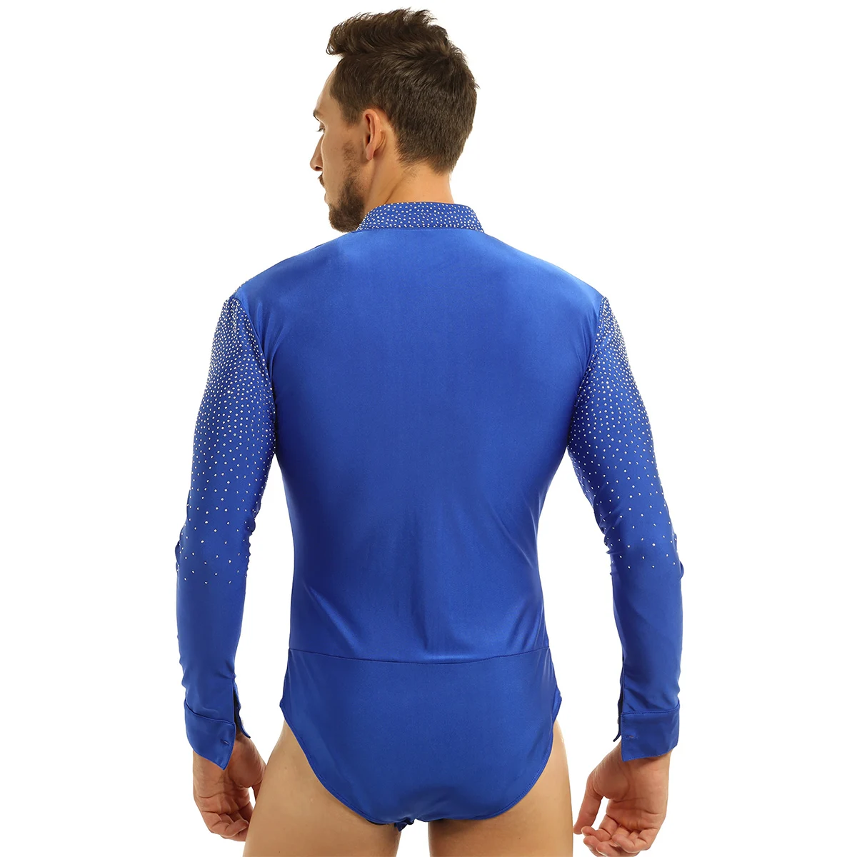Mens Shiny Rhinestones Latin Tango Rumba Dance Shirt V-neck Stand Collar Long Sleeve Ballroom Leotard Bodysuit Shirt Tops dance shirts