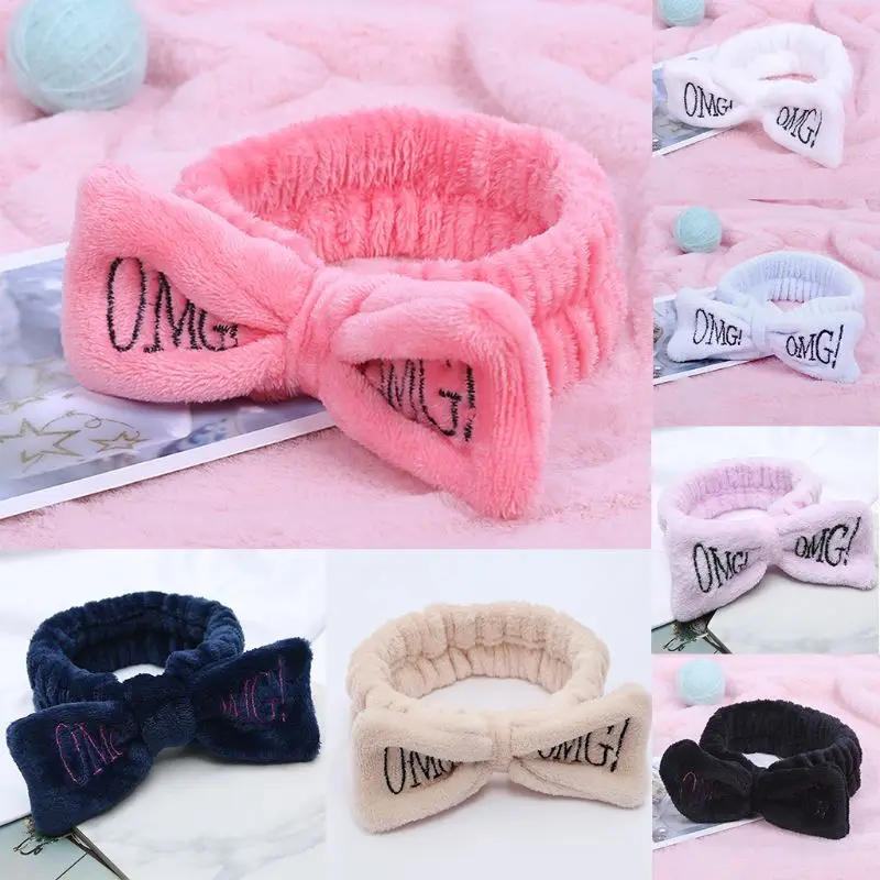 

Women Facial SPA Wide Headband Cute Big Rabbit Ears Bowknot OMG Letters Embroidered Hairband Elastic Turban Makeup Headwrap