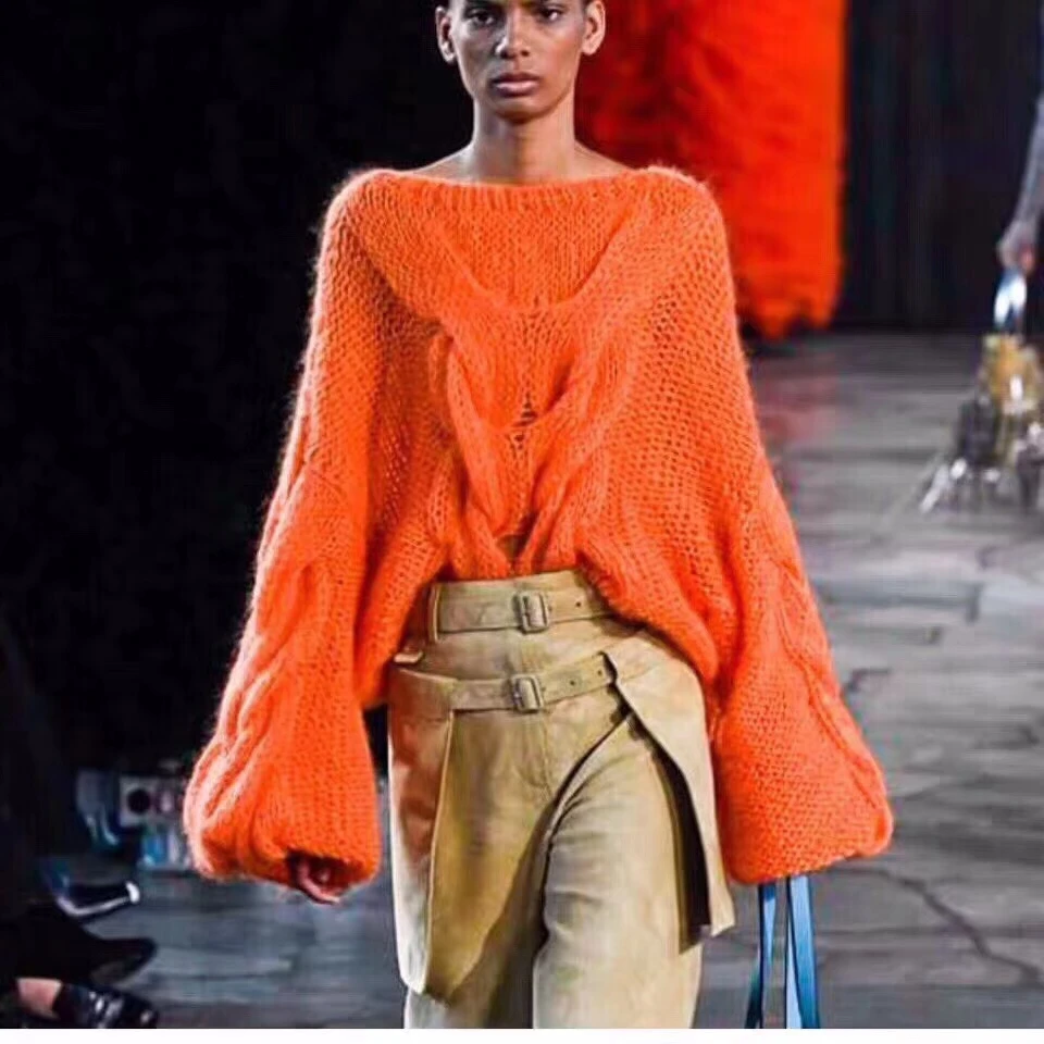 

Women's New 2019 Autumn Loose Hollow Mohair Fashion Wild Orange Sweater