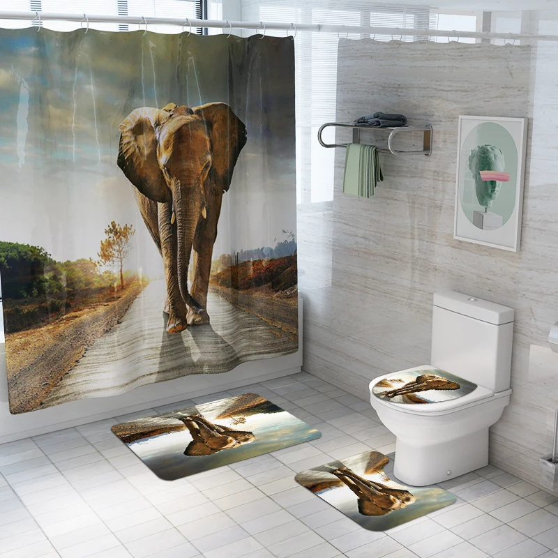 

elephant pattern 3d shower curtains waterproof fabric bath curtain for bathroom polyester screen sets with rug decoration DW043