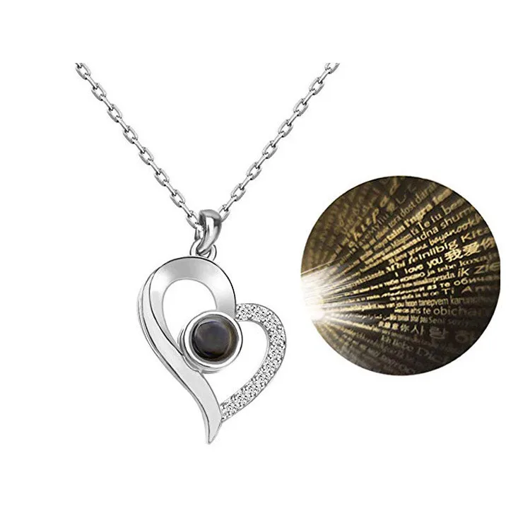 I Love You Heart Shape In 100 Languages Projection Pendant Clavicle Chain Fashion Rhinestone Necklace For Women | Украшения и