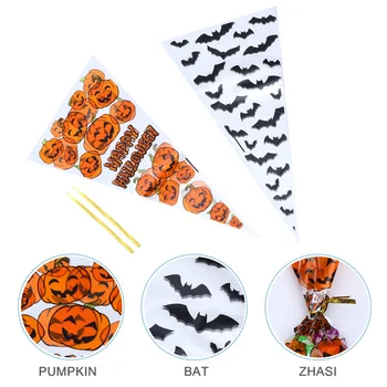 

200PCs Halloween Cone Bags Triangle Candy Bags Halloween Party Festival Gift Favors Bags (Bat Pattern + Pumpkin Pattern, 100Pcs/