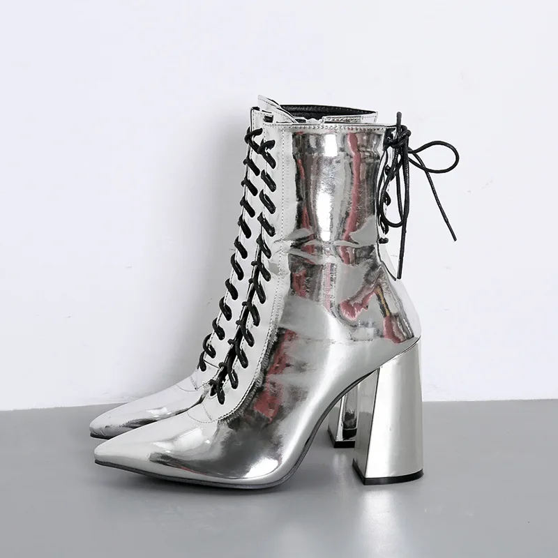 

Fashion Silver Patent Leather Women Ankle Boots Pointed Toe High Heel Boots Sexy Cross-tied Women Pumps Chelsea Boots tyh6
