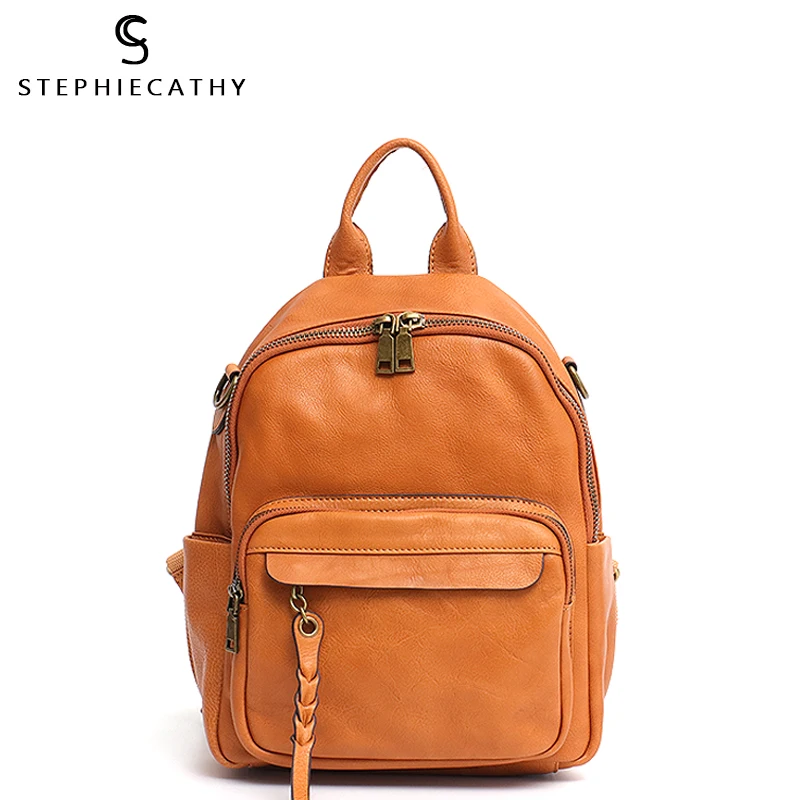 

SC Italian Cow Leather Backpack For Women Front Zip Pcokets Design Lady Functional knapsack School Bag Belt Vintage Shoulder Bag
