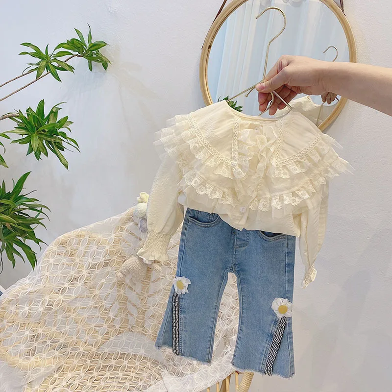 Baby girls outfit New Girls clothing set 2 Pieces Baby Suit Long sleeve Lace shirt+jeans Kids Clothes Girl Suit