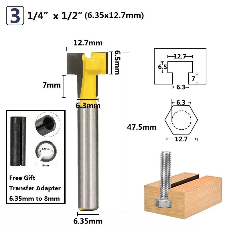 XCAN 1/4 ''1/2'' хвостовик Замочная скважина маршрутизатор бит T Пазовая дисковая фреза Болт шестигранный винт отверстие фреза для дерева - Длина режущей кромки: No.3 6.35x12.7mm