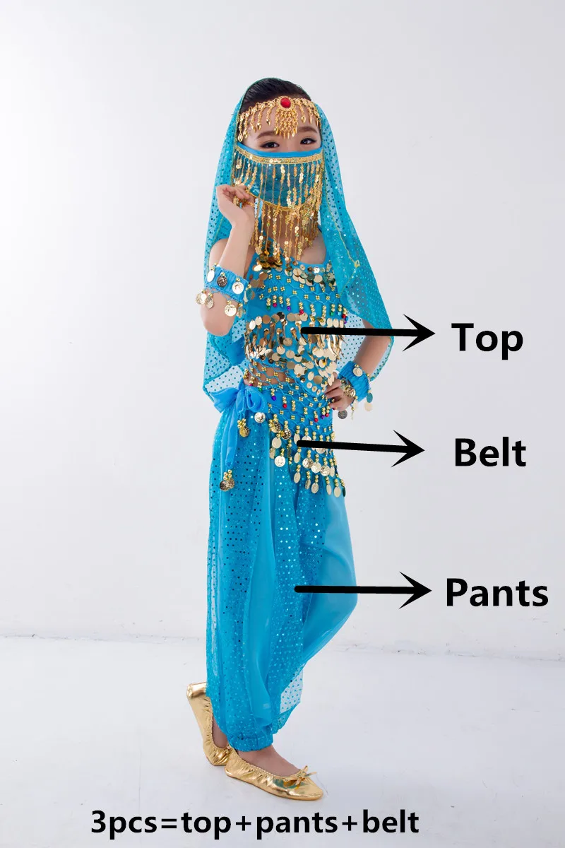 Child Costume Belly Dancer Belt Pants Veil Accessories for Wings Kids Bollywood Dress Girls Belly dance Costume Set 2-8Pieces - Цвет: Ocean Blue 3pcs