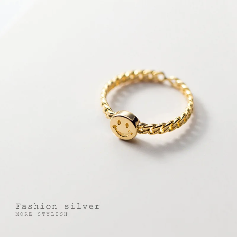 WANTME Fashion Genuine 925 Sterling Silver Link Chain Smile Adjustable Finger Ring for Women Punk Hip Hop Jewelry Gift 2021