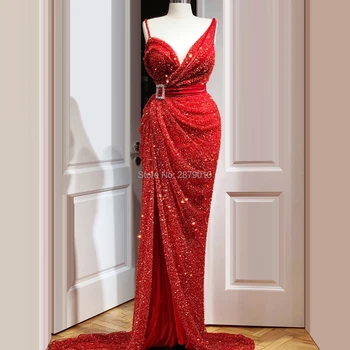

Elegant Red Evening Dress Sheath Floor-Length Slit Beads Sequins Robe De Soiree Aibye Prom Dress Middle East Dubai Saudi Arabia