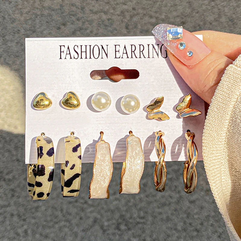 Vintage Pearl Butterfly Heart Leopard Earring Set For Women Hoop Earrings Brincos 2021 Trend Jewelry Elegant Wedding Jewellery