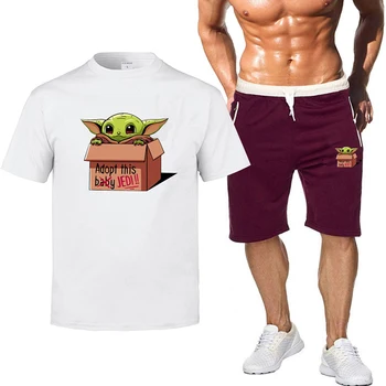 

2 Piece Set Multicolor Lovely Baby Yoda Cotton Short-sleeved Shorts Sweat Suit Men's T-shirts Sportpants Mandalorian Tracksuit