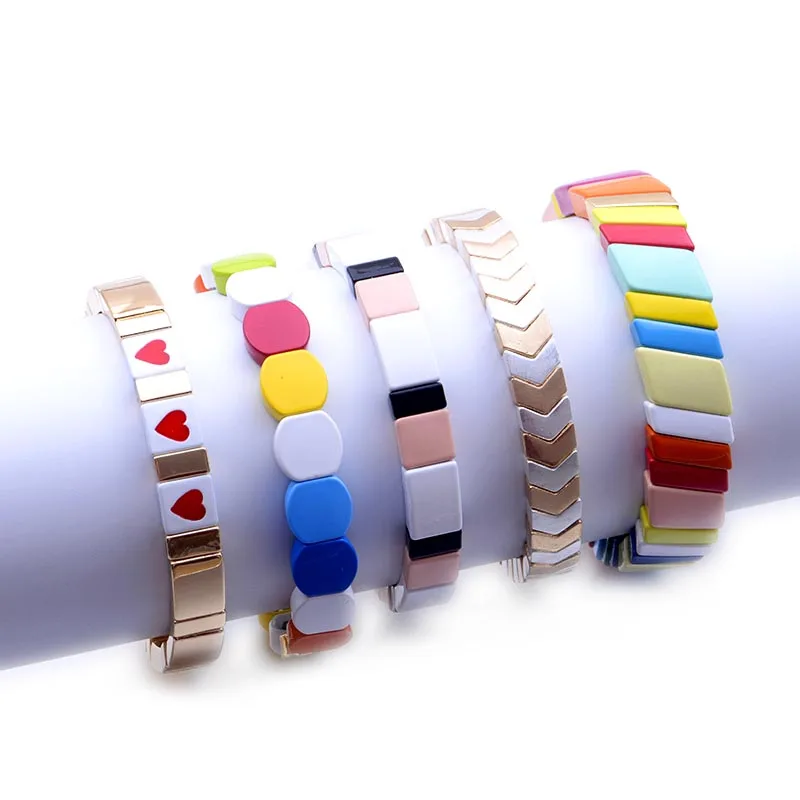 

Bohemian Bracelet Handmade Friendship Braided Stackable Enamel Rainbow Tile Bracelet Fashion Street Photography Bangles Dropship