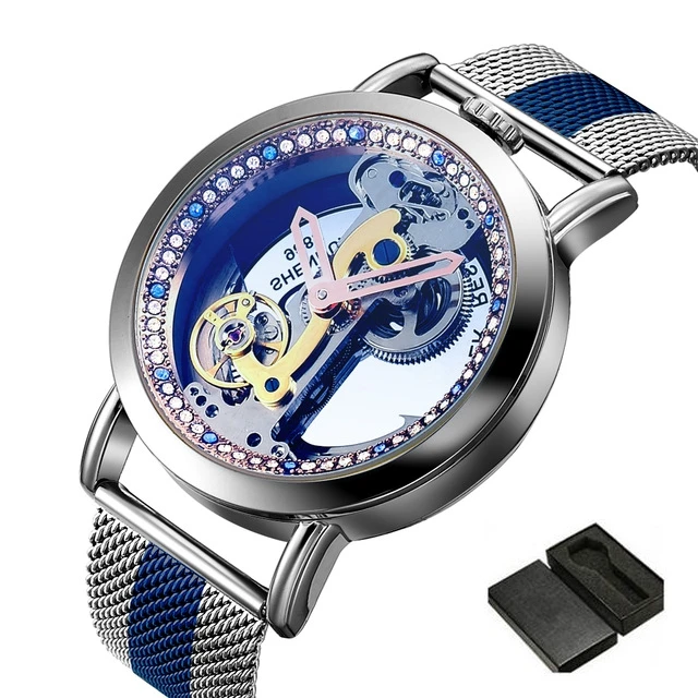 Роскошные мужские часы SHENHUA прозрачный циферблат Troubillon полностью стальные часы Мужские автоматические механические часы Relogio Masculino - Цвет: silver blue-box