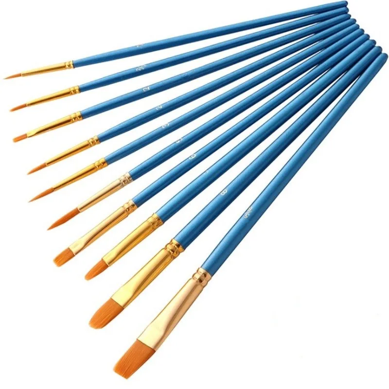 10PCS Nylon Artist Paint Brush Beginner Watercolor Acrylic Oil Wood Handle Painting Brushes Art Supplies