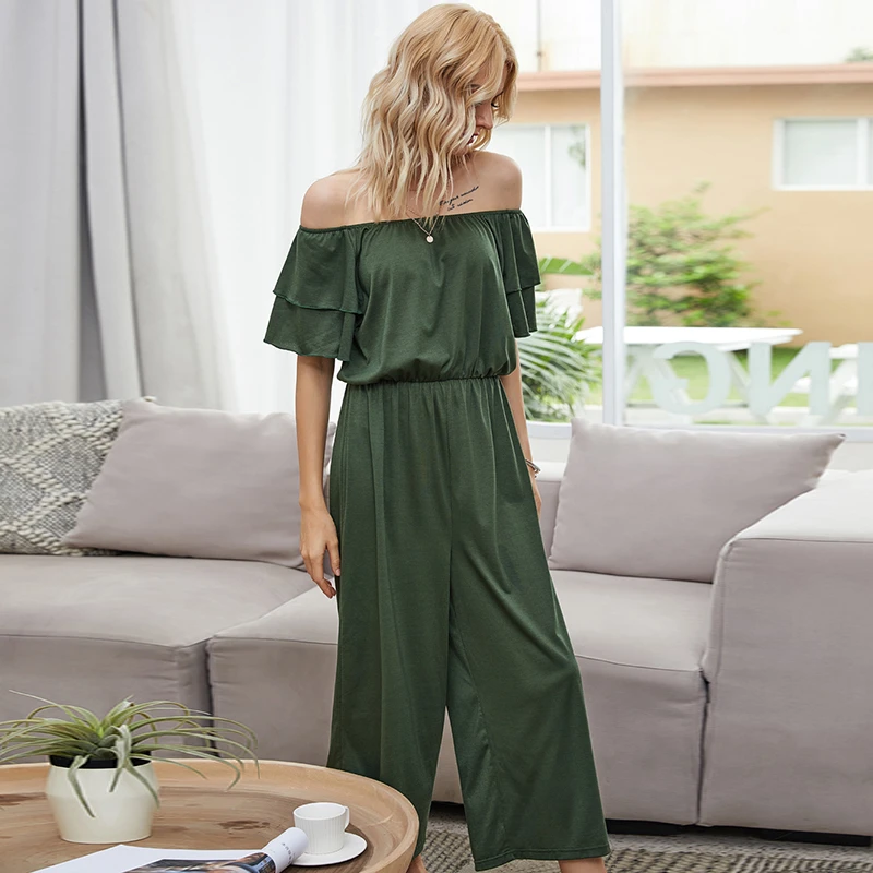 Sexy Off Shoulder Tiered Ruffle Sleeve Wide Leg Jumpsuit for Women Elegant Ladies High Waisted Wide Leg  Summer Jumpsuit