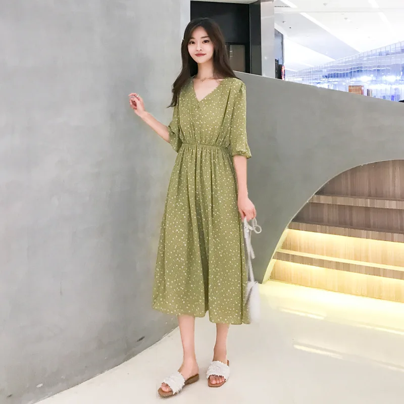

Matcha Green Dress Waist Hugging Slimming 2020 New Style Summer Elegant French fu gu qun over-the-Knee Very xian sen Women's