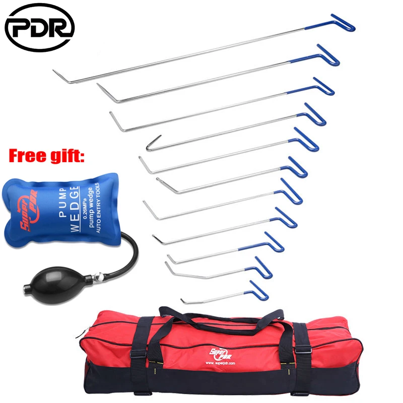 

11pcs/set PDR Push Rods Hooks Tools Car Crowbar Paintless Dent Repair Tools Hail dent Puller Set + Pump Wedge and tool bag