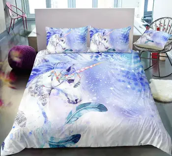 

KTLRR Bohemia Galaxy Unicorn Duvet Cover Sets,Watercolor Blue Unicorn Portrait Boho Feather Bedding Sets,Home Bedroom Decor
