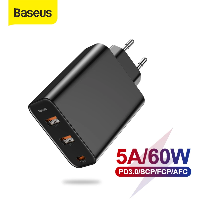 Baseus 3 порта USB зарядное устройство с PD3.0 быстрое для iPhone 11 Pro Max Xr 60 Вт Быстрая