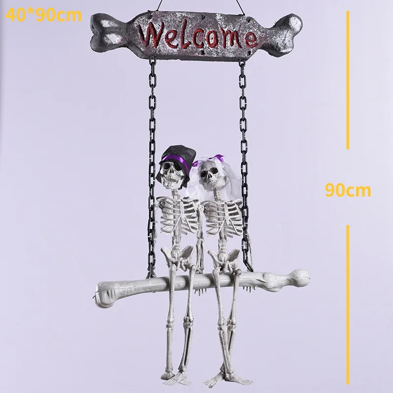 Halloween Horrible Party Prop Skull Skeleton Bride and Groom Swing Welcome Doorbell Purple Ribbon Hat Children Party Scary toys