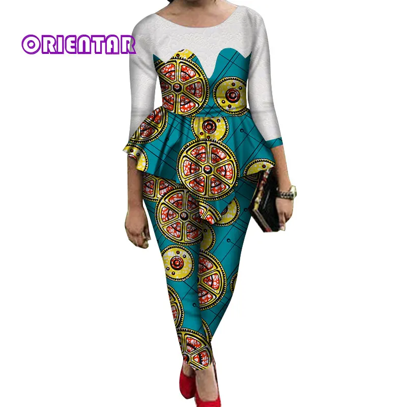 2 Pieces Sets Women African Pants Sets African Wax Print Long Sleeve Lace Tops and Pants Women Bazin Riche African Suits WY689