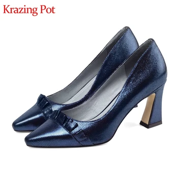 

Krazing Pot 2019 full grain leather prints sheep leather high heels pointed toe new arrival butterfly-knot decoration pumps L01