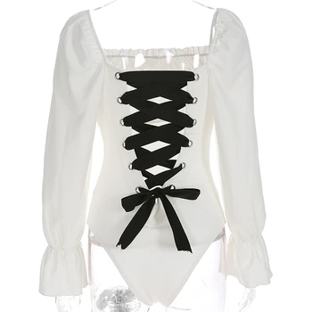 

One-Piece Jumpsuit Sexy Sweet Back Long Sleeve Bodysuit Elegant Ruffle Sleeve Body Female Back Hollow Sexy Strap Women's Suit