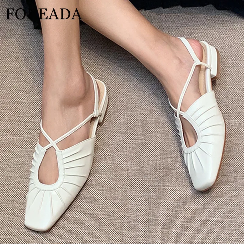 

FOREADA Natural Genuine Leather Shoes Women Slingbacks Flat Shoes Fashion Pleated Flats Square Toe Ladies Footwear Beige Black 9