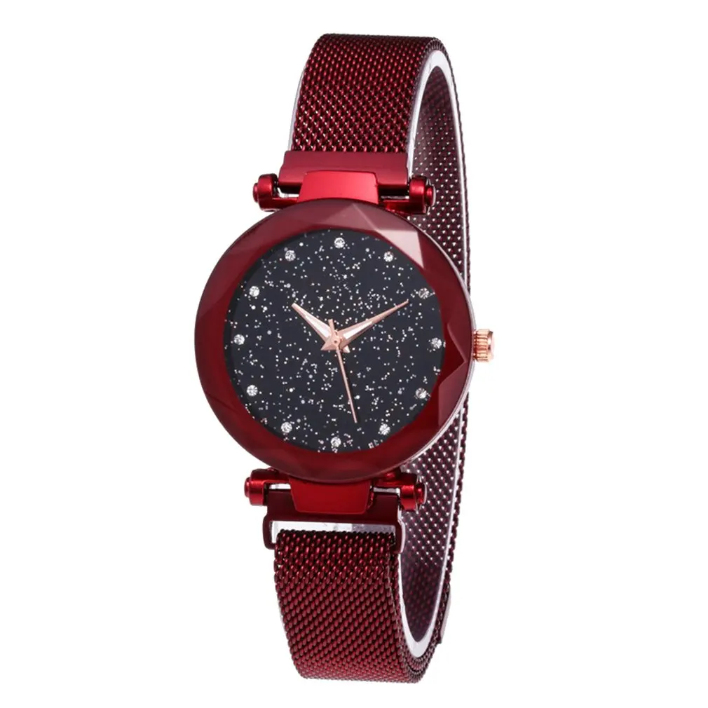 Сетчатые красные часы Vibrato для девушек, часы с магнитным камнем на ремешке, звездная сетка, часы из нержавеющей стали