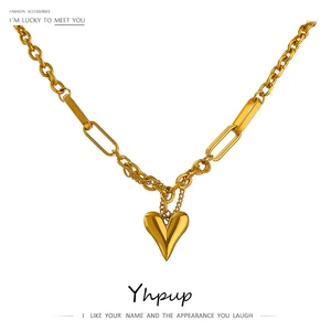 Yhpup Romantic Heart Pendant Necklace for Women High Quality Stainless Steel 18 K Metal Texture Choker Necklace Anniversary