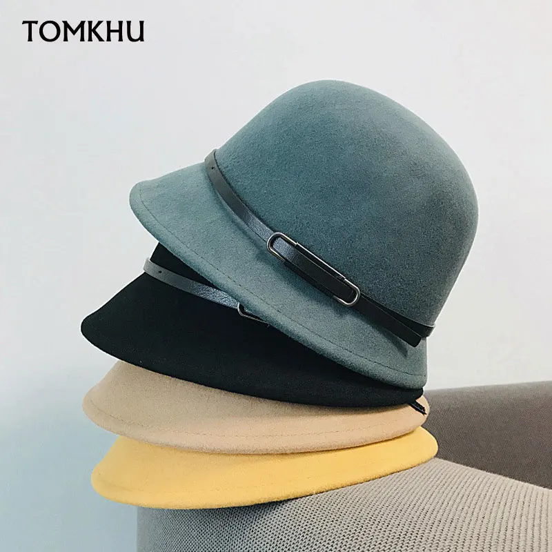 

Wool Felt Hat Church Bowler Hat for Women Retro Soft Warm Bucket Winter Hat Belt Ladies Plain Cloche Hat Church Derby Casual Cap