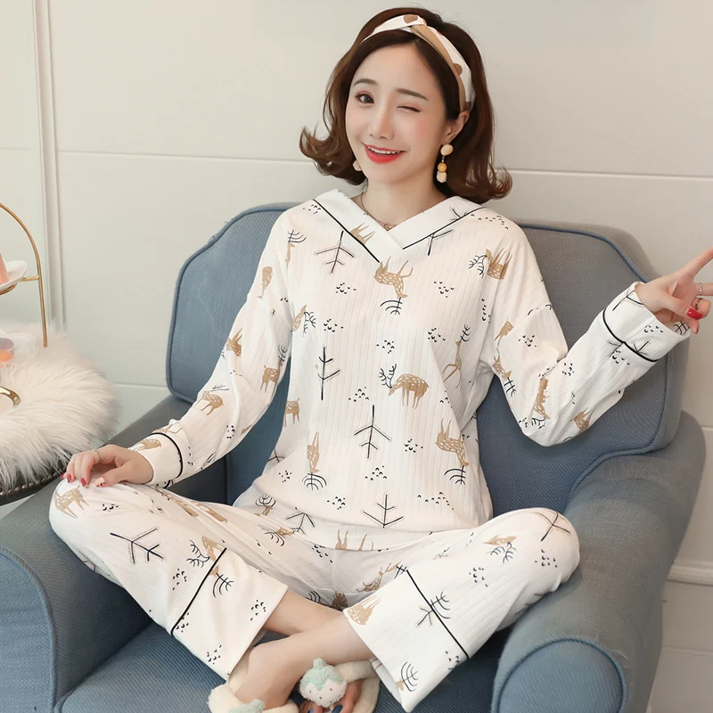 Женский хлопковый пижамный комплект с v-образным вырезом,, Рождественский милый женский пижамный комплект с принтом, длинные штаны, домашняя одежда