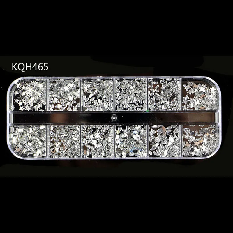 1 Box 12 Colors Multi-size 3D Nail Art Decorations Pearl/Rivet/Stones Flat-back Crystal Gems Rhinestones DIY Glitter Nail Sequin - Цвет: KQH465
