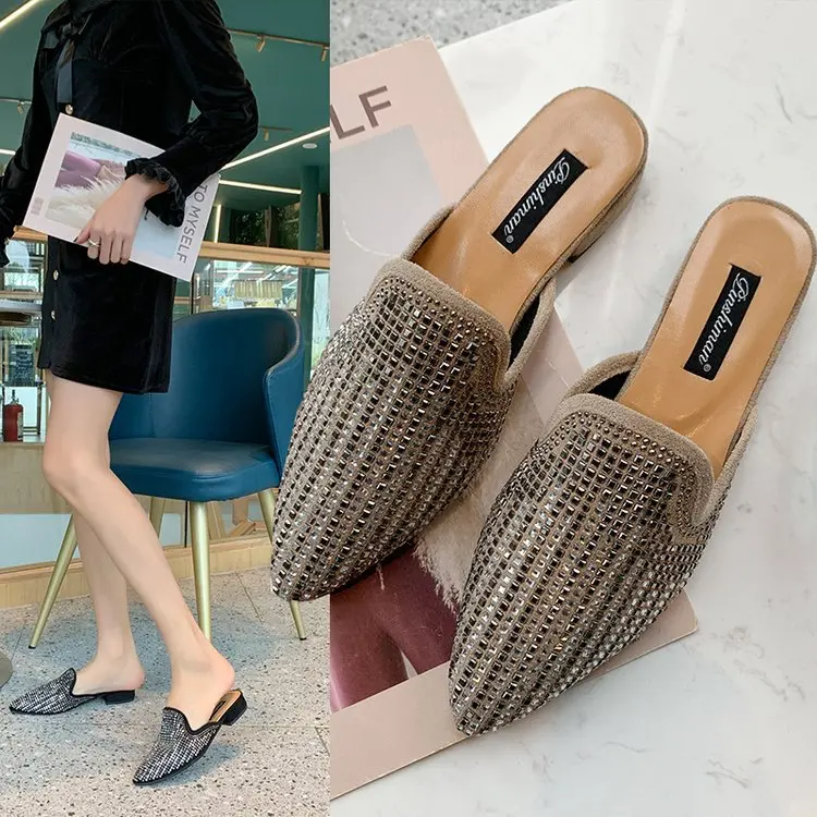 

2019 Summer New Style Sequin Versitile Fashion Comfortable Slipper Pointed-Toe Flat Top Shoes Black And White with Pattern Korea