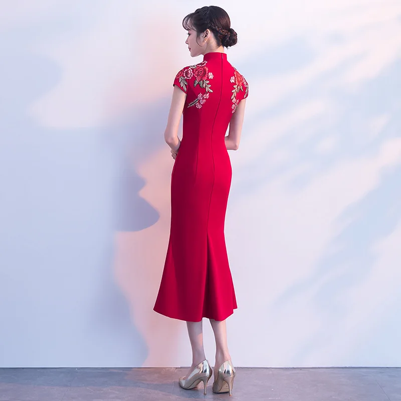 Красный классический женский тонкий традиционный ченсам цветок Qipao Китайский невесты свадебное платье Русалка винтажное дамское вечернее платье