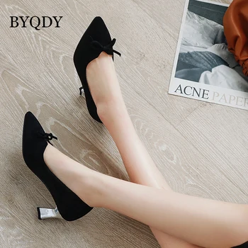 

BYQDY Fashion Flock Chunky Heels Women Pumps High Heels Blue Basic Shoes Bow Block Heel Pointed Toe Party Shoes Large Size 34-47